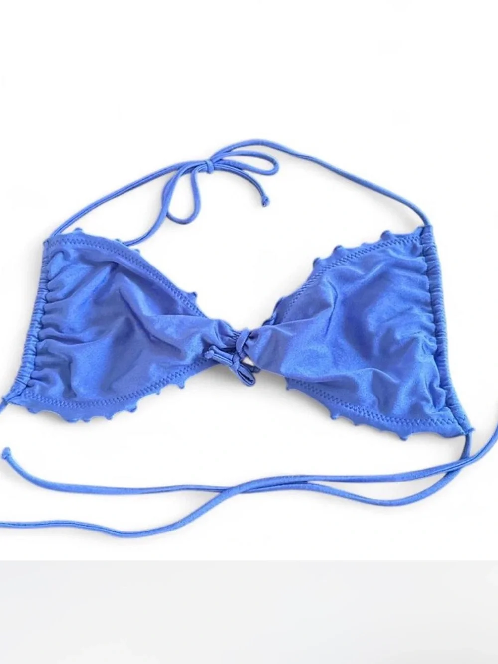 Luli Fama XL Royal Blue Bikini Top Ruffle Ruched Tie Front Halter‎ Swimwear Luxe